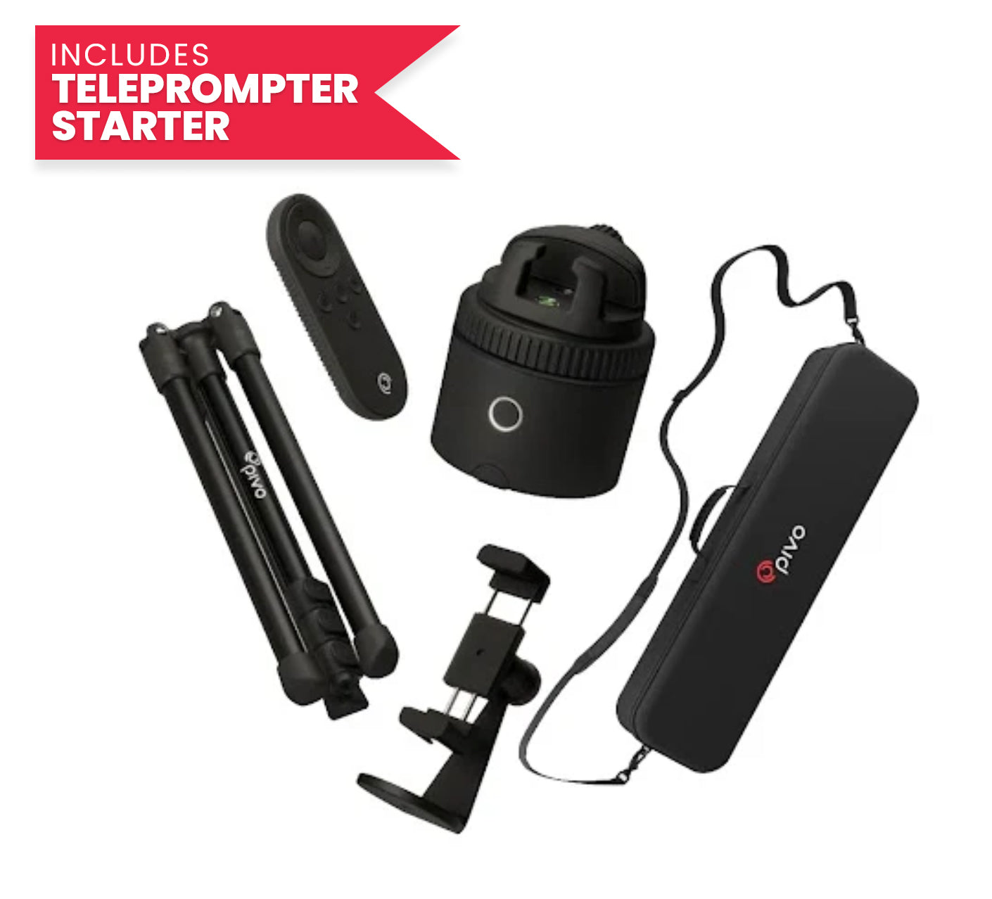 Pivo Pro smartphone camera mount with remote, tripod, phone holder, and carrying case for handsfree auto-tracking and video creation