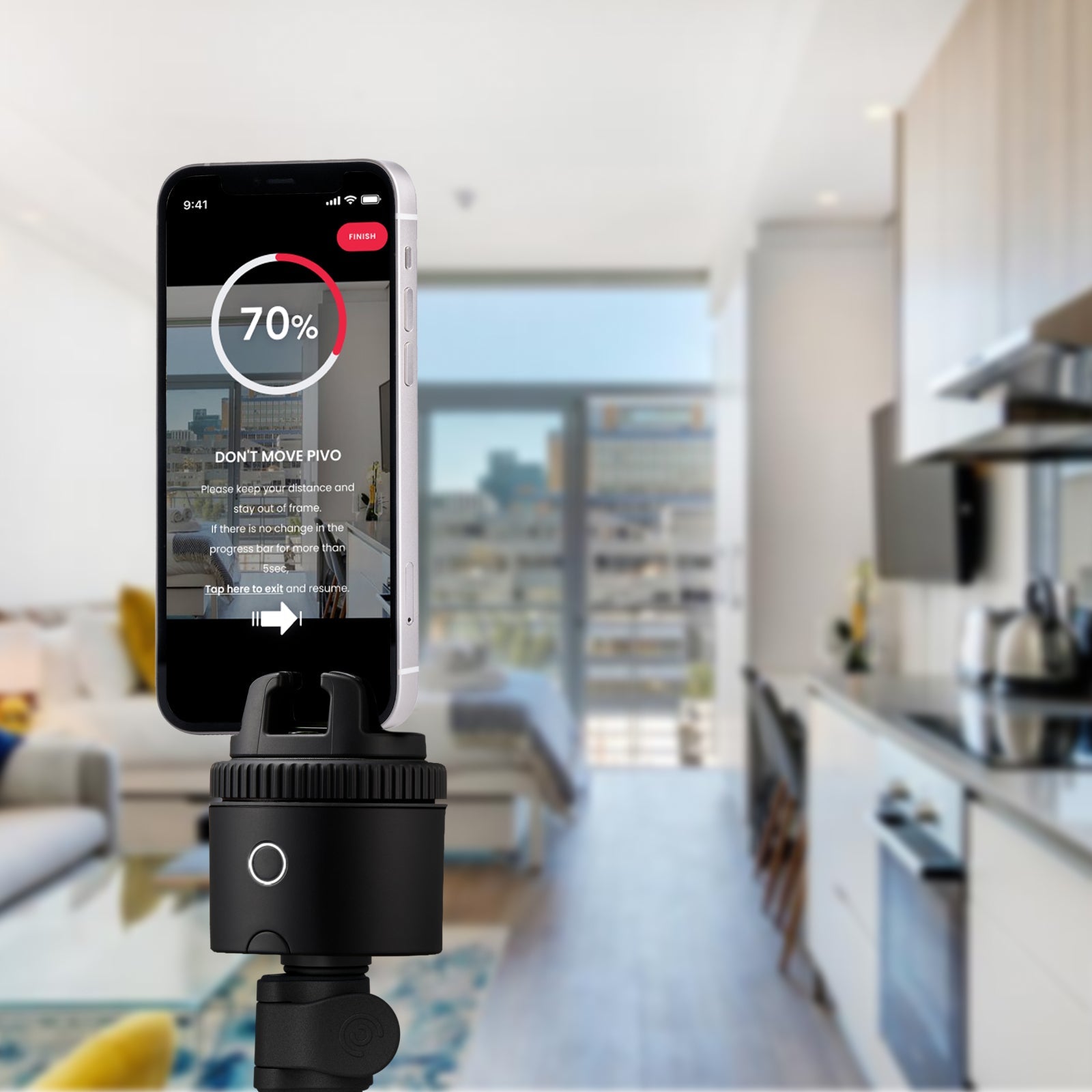 Pivo Pro | Pivo Pro Real Estate Pack | Pivo Pro smartphone mount with auto tracking for handsfree video calls and virtual tours in modern kitchen setting