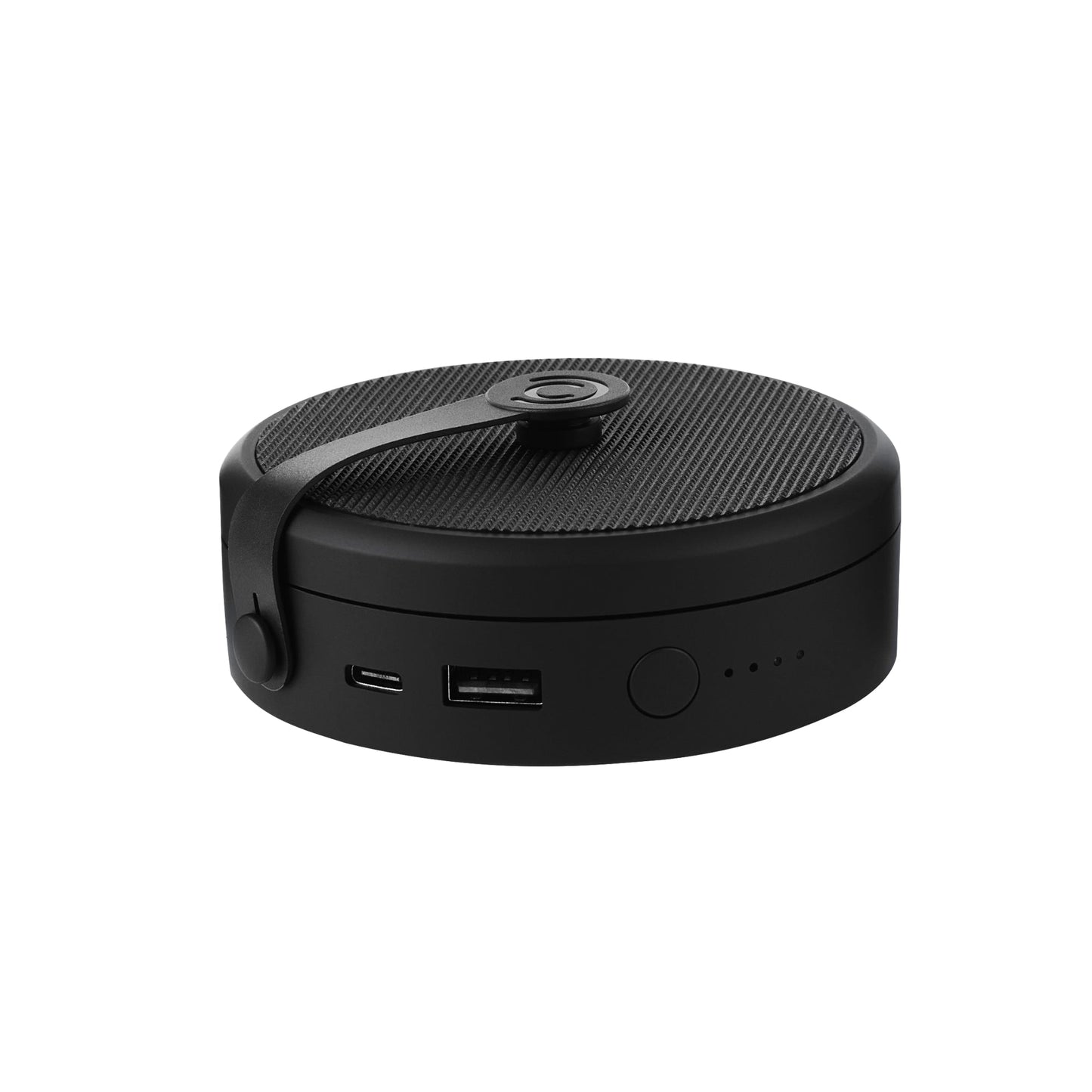 Compact black portable power bank with 9000mAh capacity, dual USB ports, fast charging, and durable design
