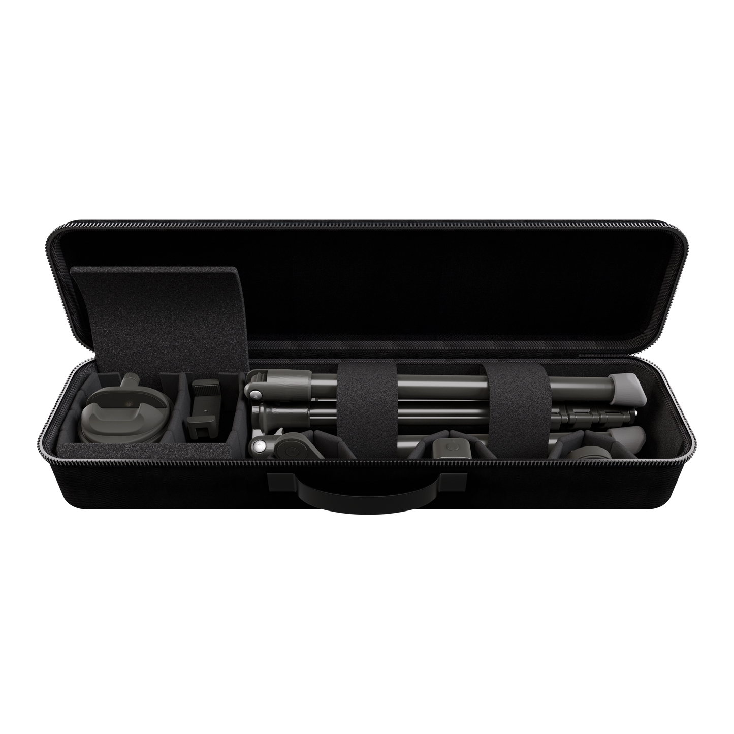 Open black hard-shell nylon travel case classic with organized compartments holding camera tripod and accessories inside