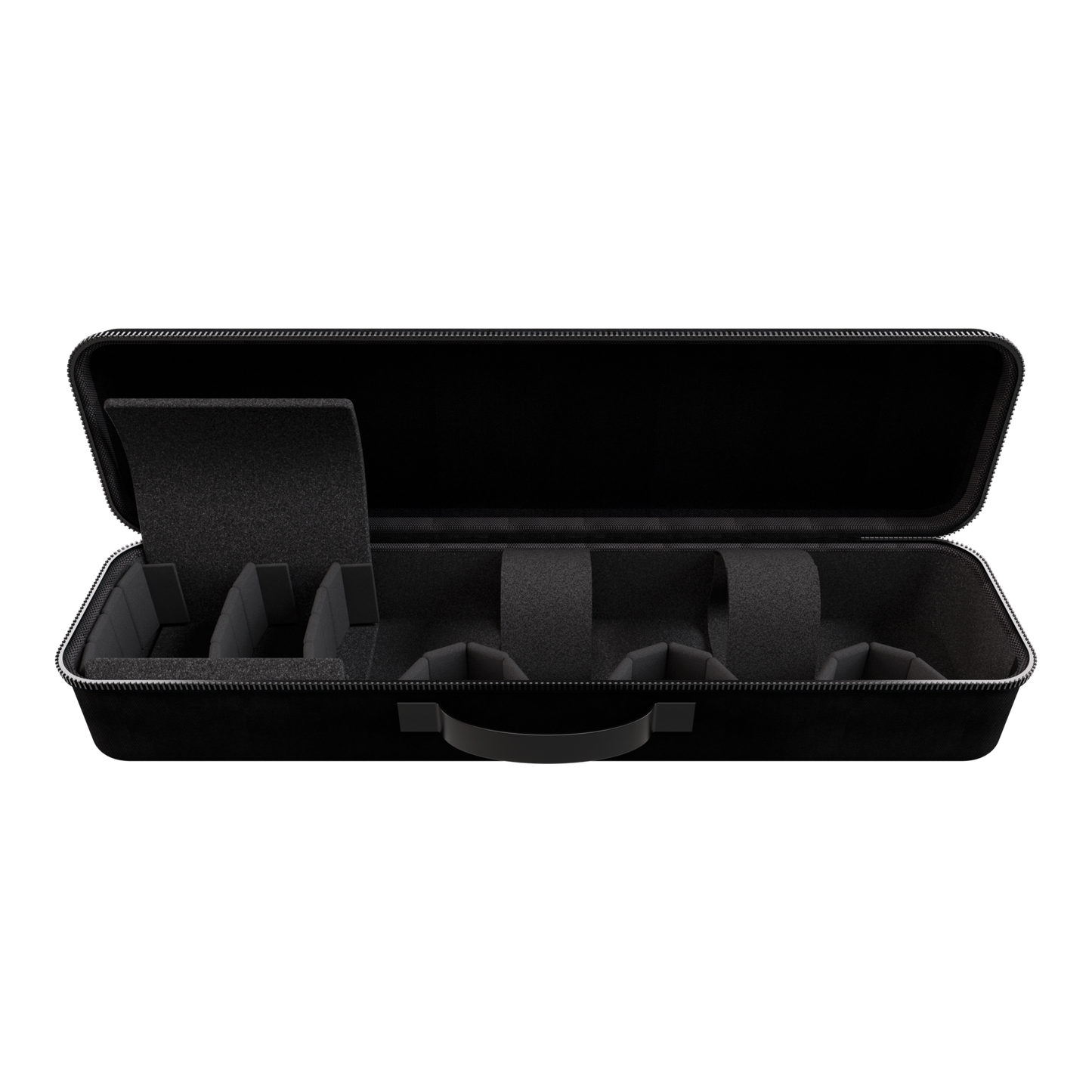 Open black hard-shell Travel Case Classic made of lightweight durable nylon with custom foam compartments for secure storage
