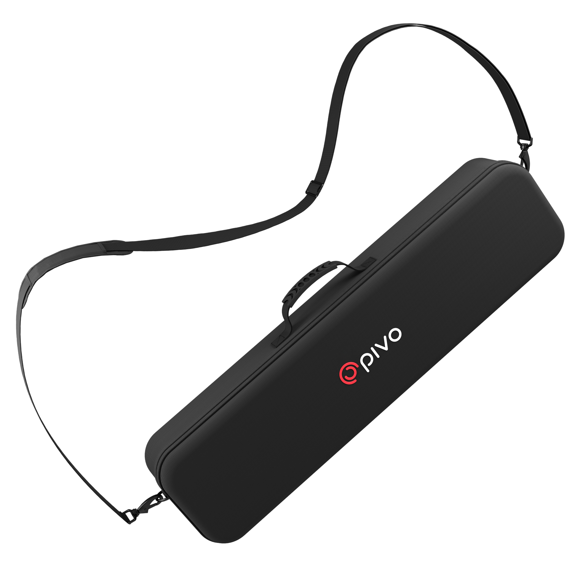 Black Pivo Pro carrying case with shoulder strap for smartphone auto tracking device.